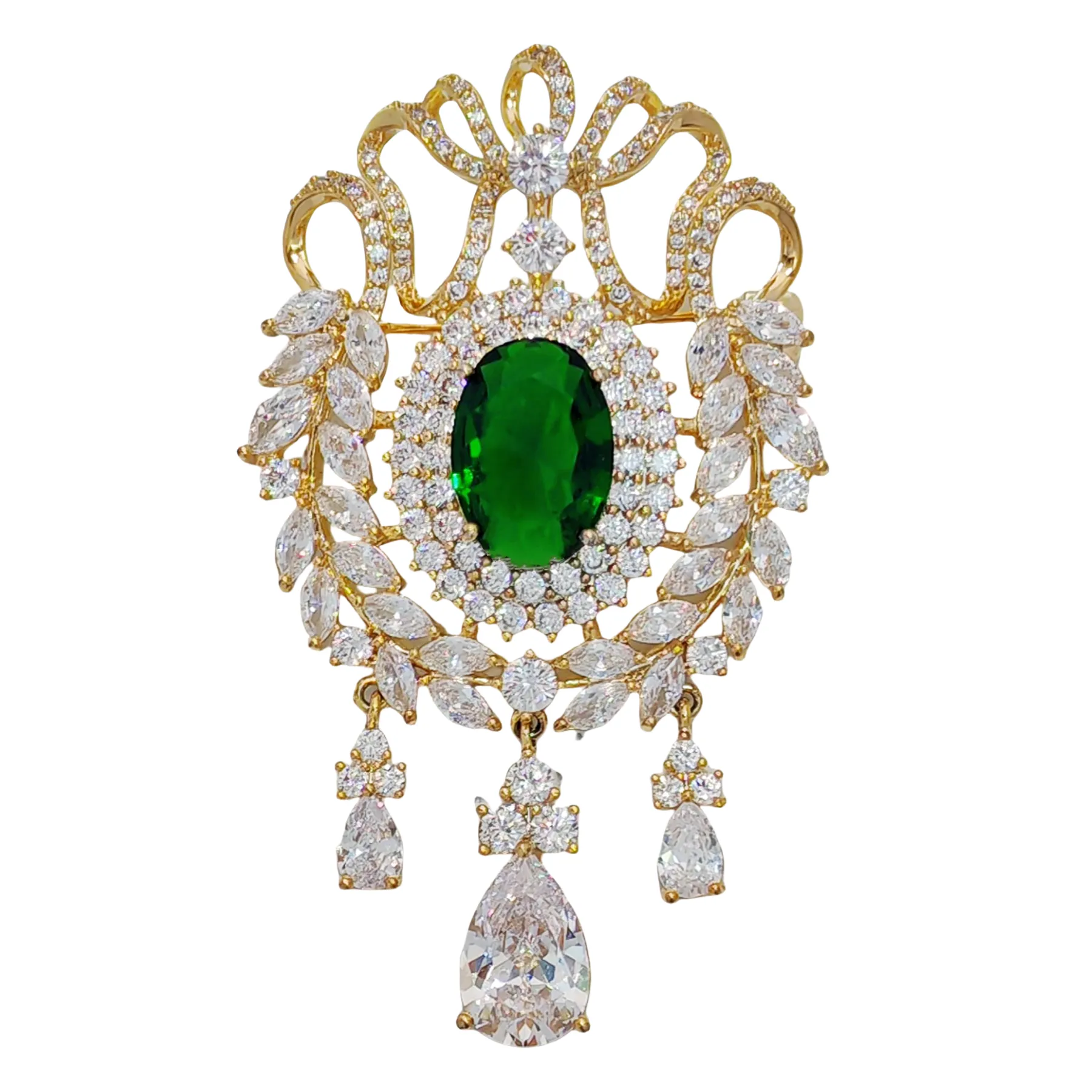 Jewelblings Fantastic Vintage Ribbon & Wheat Green Oval Stone Art Deco Broaches with Triple Drop Queen Jewelry for Formal Event Occasion