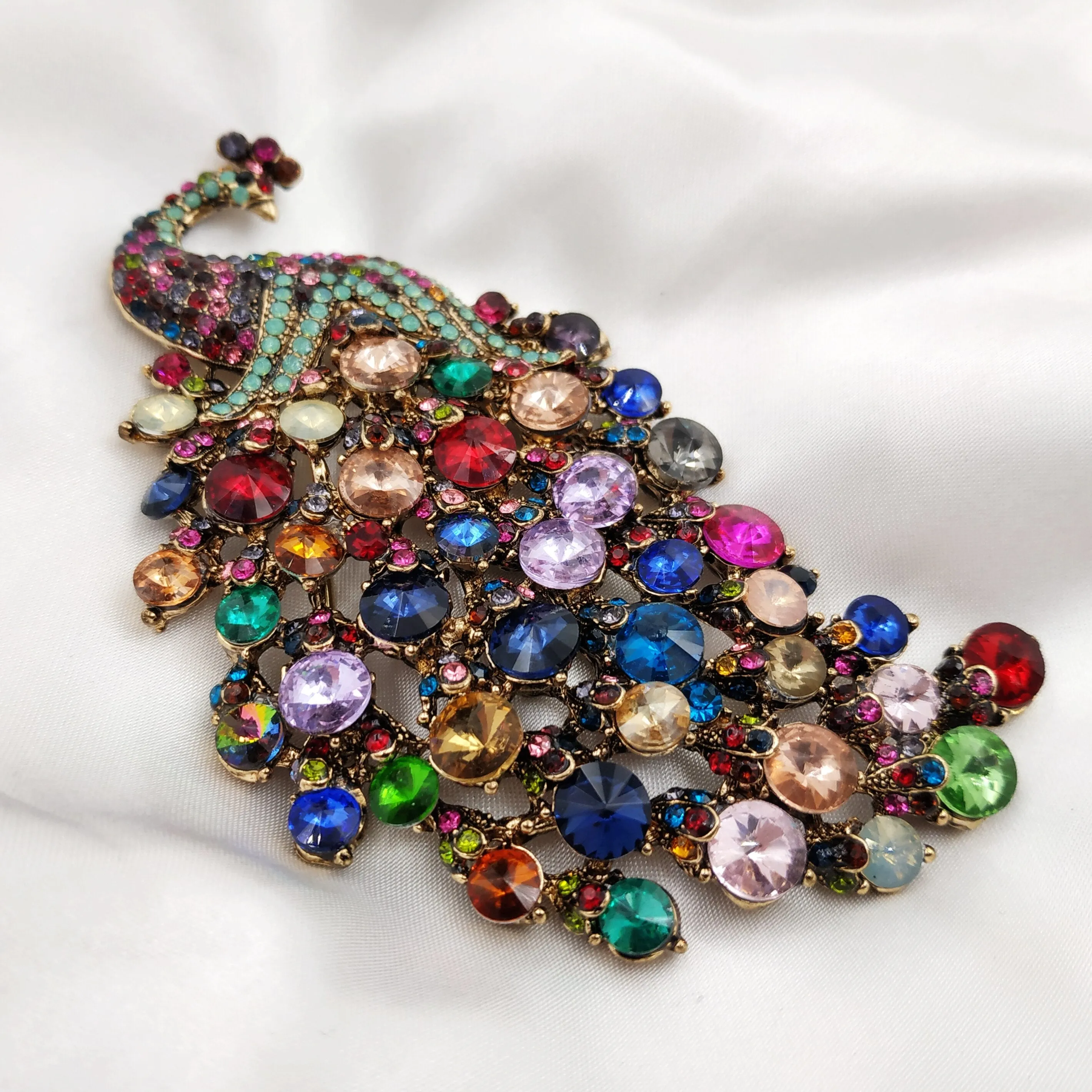 Jewelblings Gorgeous Multi Colored Crystal Rhinestones 4.22'' Large Peacock Brooches with Teal Green Accent Statement Bid Pins Coat  Jewelry