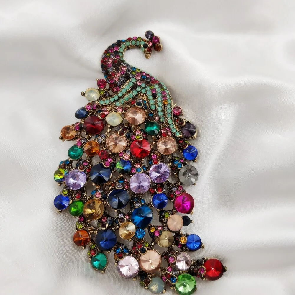 Jewelblings Gorgeous Multi Colored Crystal Rhinestones 4.22'' Large Peacock Brooches with Teal Green Accent Statement Bid Pins Coat  Jewelry