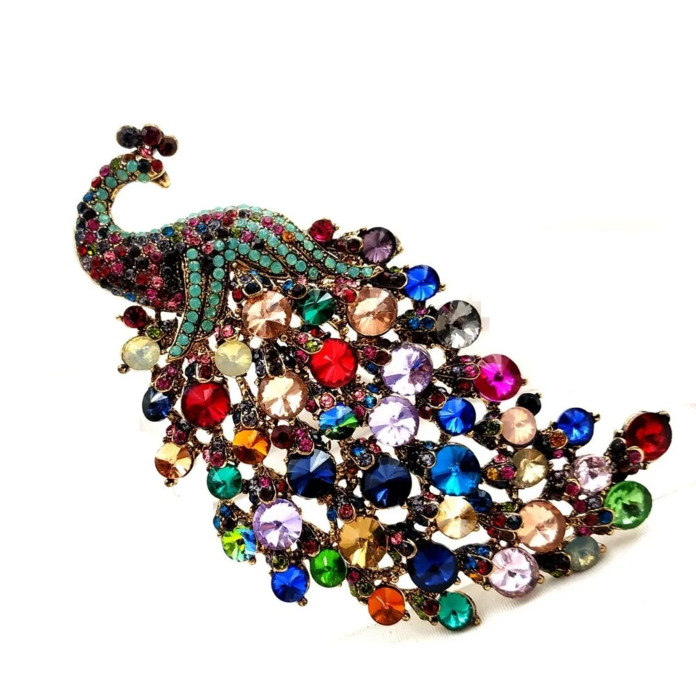 Jewelblings Gorgeous Multi Colored Crystal Rhinestones 4.22'' Large Peacock Brooches with Teal Green Accent Statement Bid Pins Coat  Jewelry