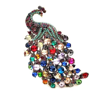 Jewelblings Gorgeous Multi Colored Crystal Rhinestones 4.22'' Large Peacock Brooches with Teal Green Accent Statement Bid Pins Coat  Jewelry