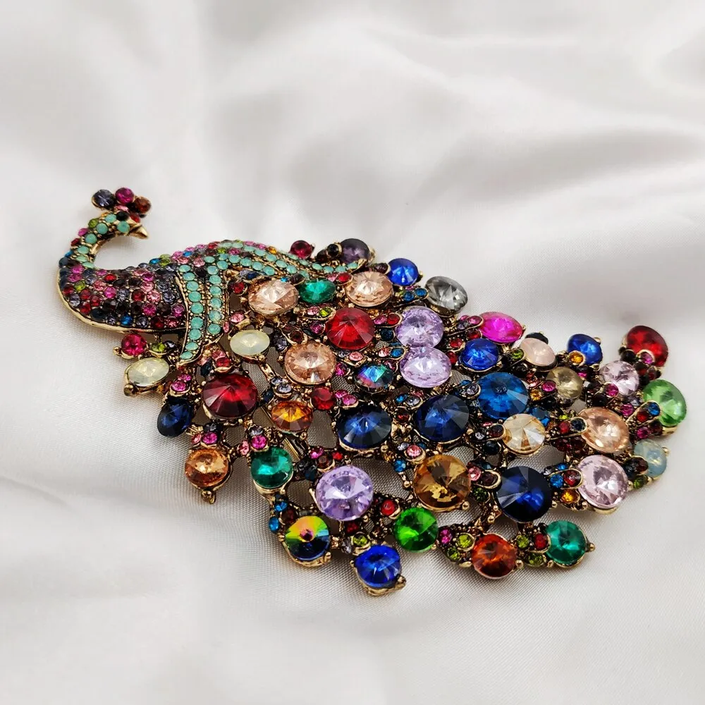 Jewelblings Gorgeous Multi Colored Crystal Rhinestones 4.22'' Large Peacock Brooches with Teal Green Accent Statement Bid Pins Coat  Jewelry