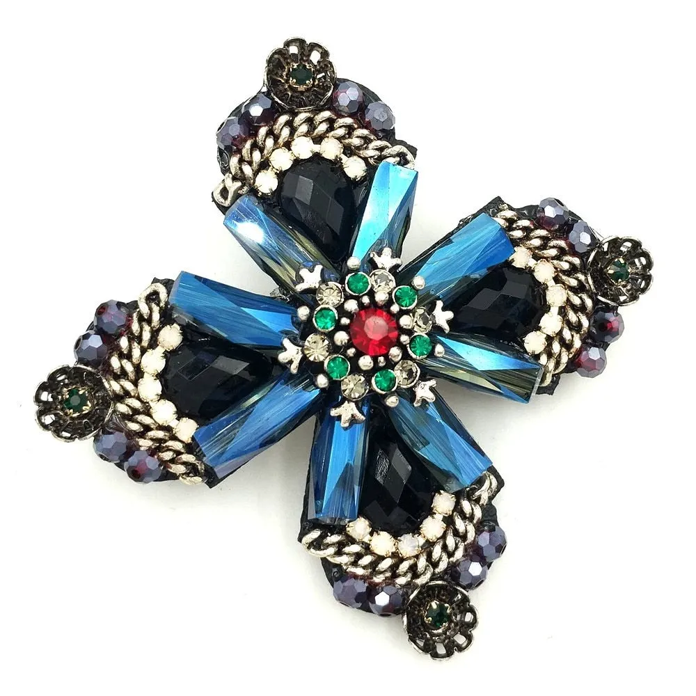 Jewelblings Retro Vintage Dark Blue Crystal Rhinestone Cross Style Flower Brooches Gold Tone Faceted Four Petal Flower Pins for Women Suit