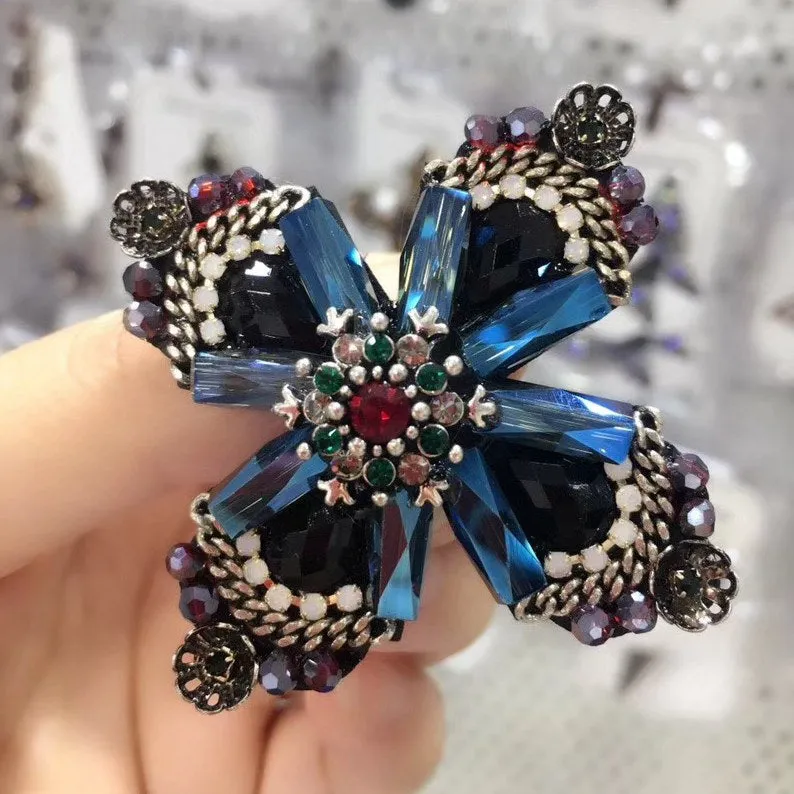 Jewelblings Retro Vintage Dark Blue Crystal Rhinestone Cross Style Flower Brooches Gold Tone Faceted Four Petal Flower Pins for Women Suit