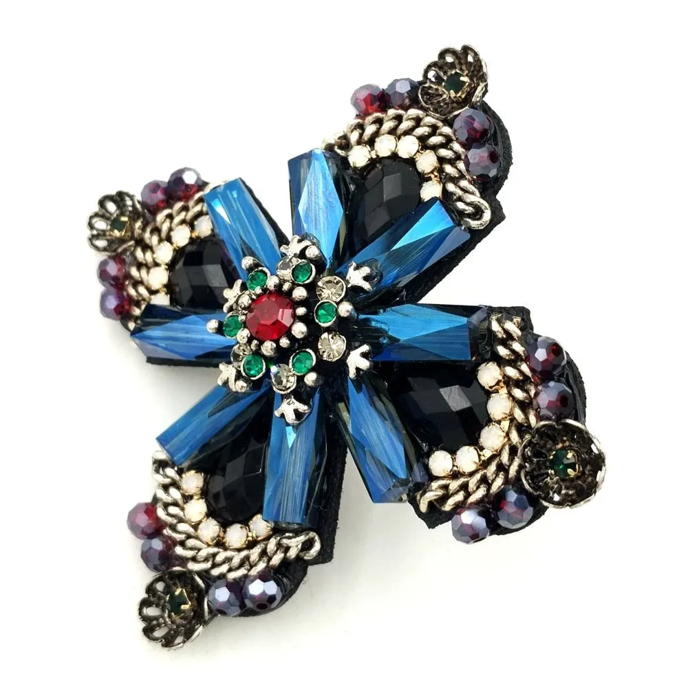 Jewelblings Retro Vintage Dark Blue Crystal Rhinestone Cross Style Flower Brooches Gold Tone Faceted Four Petal Flower Pins for Women Suit