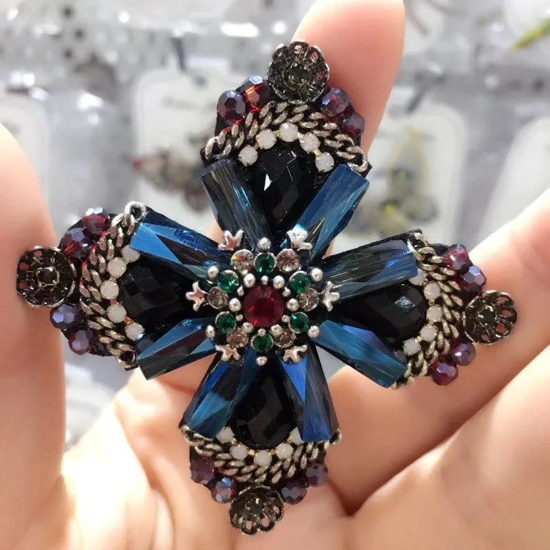 Jewelblings Retro Vintage Dark Blue Crystal Rhinestone Cross Style Flower Brooches Gold Tone Faceted Four Petal Flower Pins for Women Suit