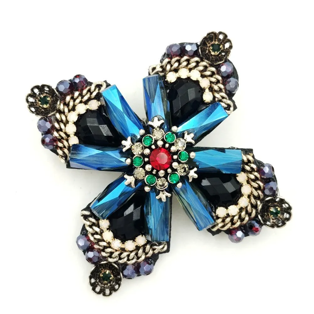Jewelblings Retro Vintage Dark Blue Crystal Rhinestone Cross Style Flower Brooches Gold Tone Faceted Four Petal Flower Pins for Women Suit
