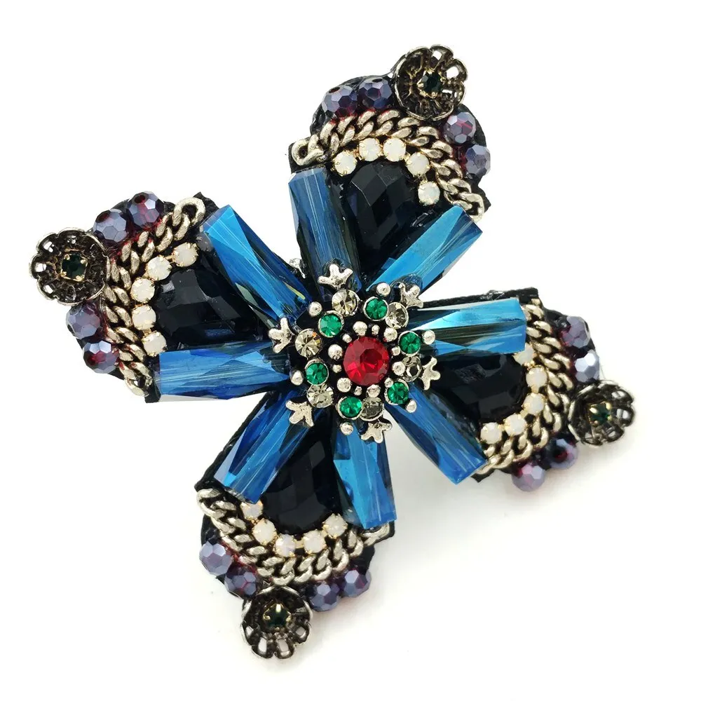 Jewelblings Retro Vintage Dark Blue Crystal Rhinestone Cross Style Flower Brooches Gold Tone Faceted Four Petal Flower Pins for Women Suit