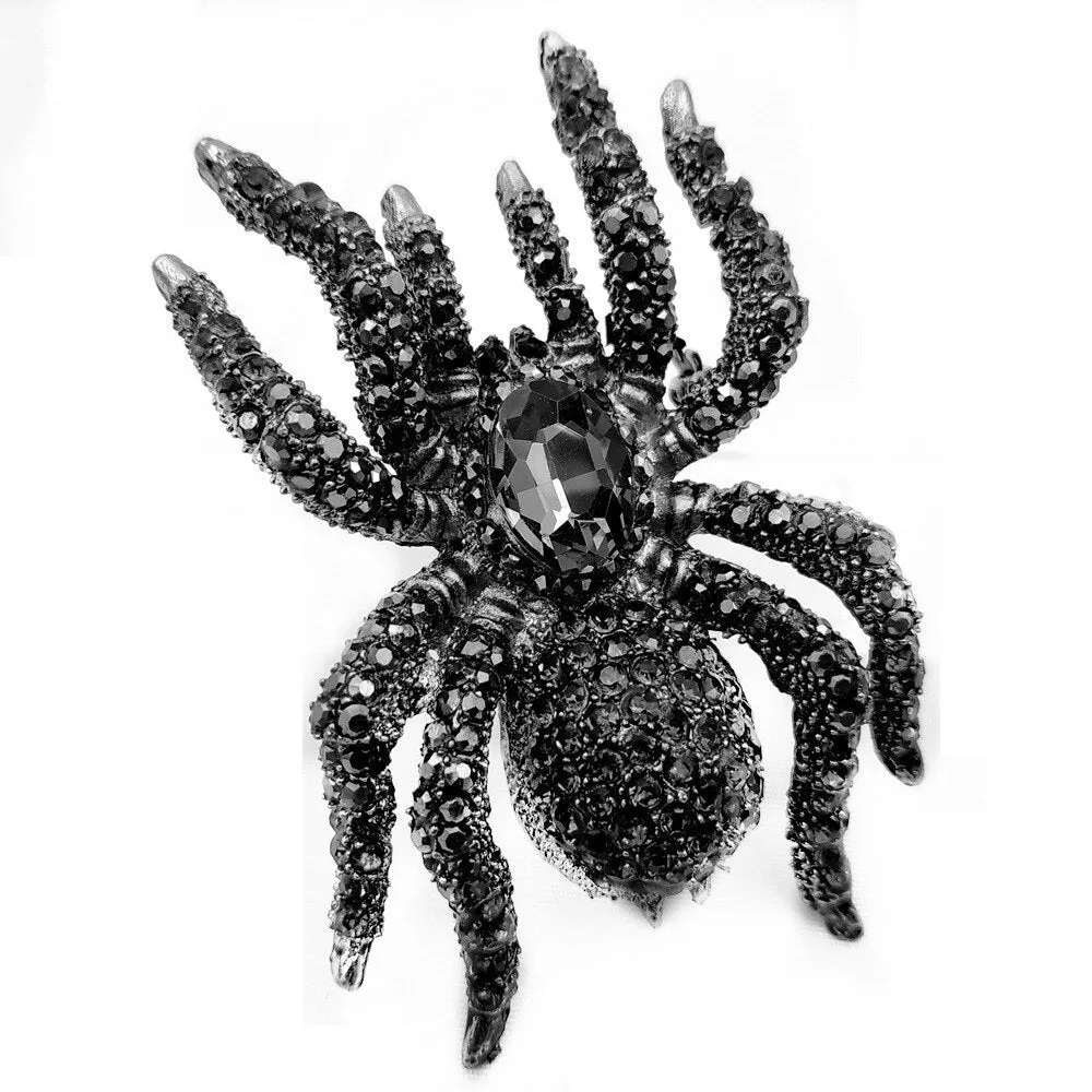Jewelblings Vintage Statement 10-Legged Large Black Crystal Rhinestone Spider Brooches Huge Dangerous Bug Pin for Halloween Party Jewelry