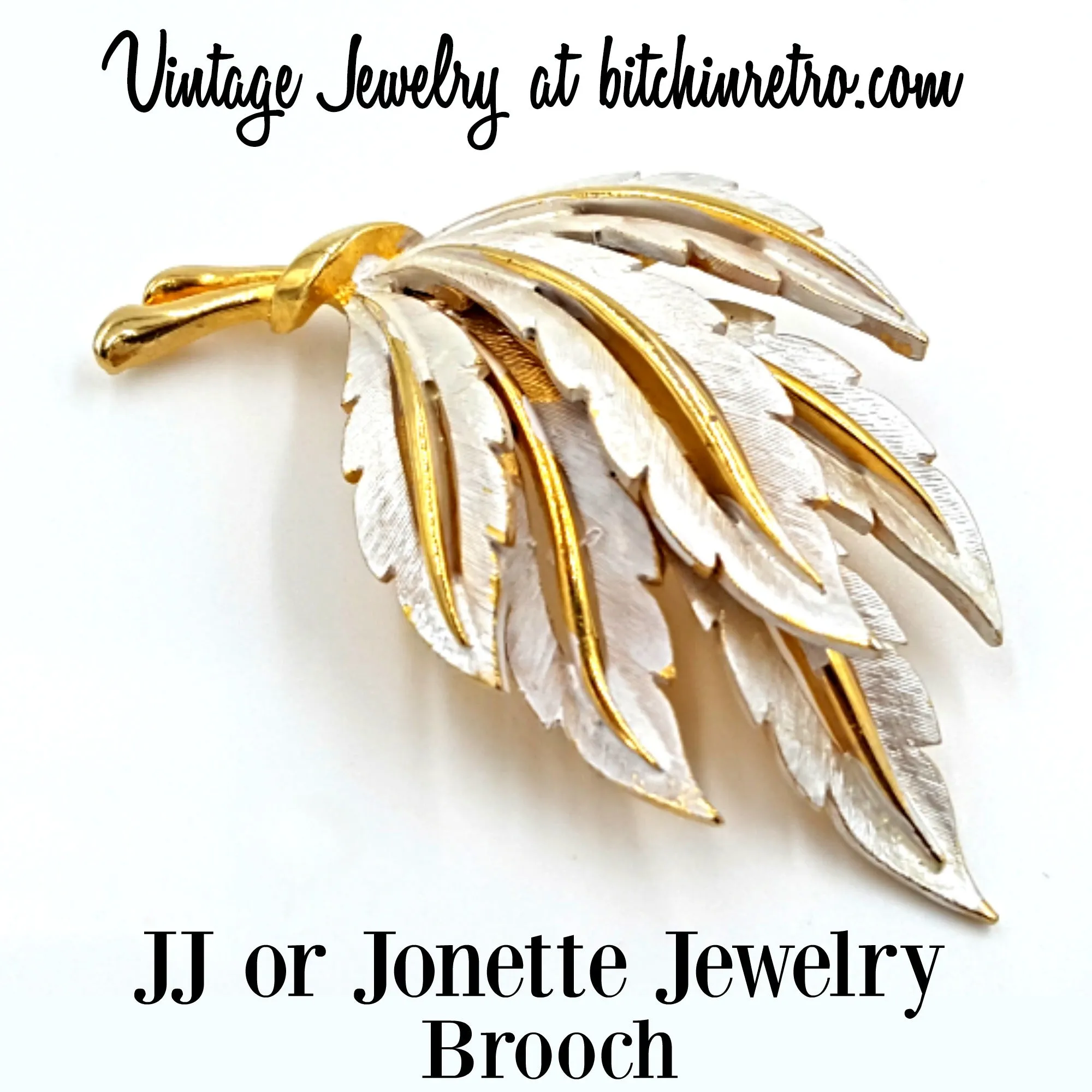 JJ Vintage Pin With Silvery White Frosted Leaves and Wintry Style
