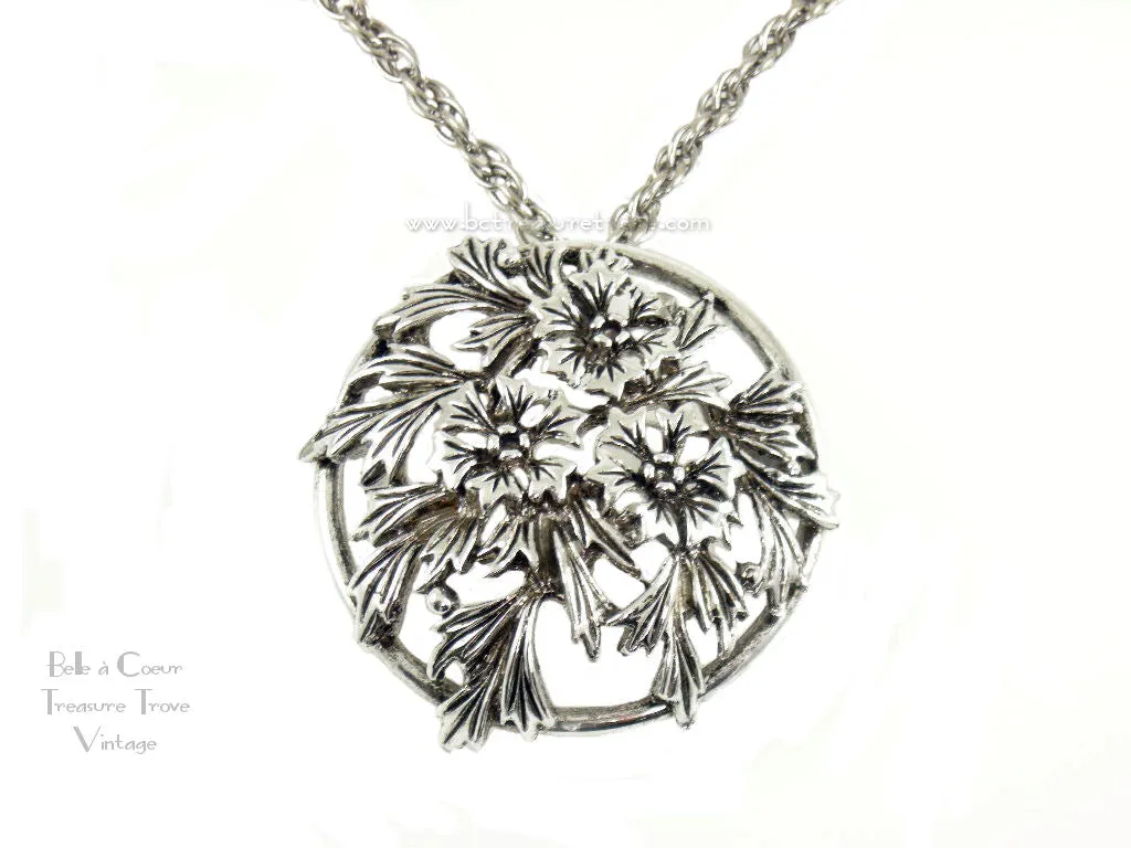 Judy Lee Silvertone Flowers and Leaves Convertible Pendant Necklace Brooch Pin