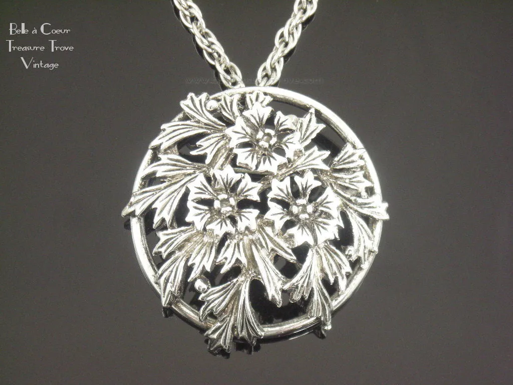 Judy Lee Silvertone Flowers and Leaves Convertible Pendant Necklace Brooch Pin