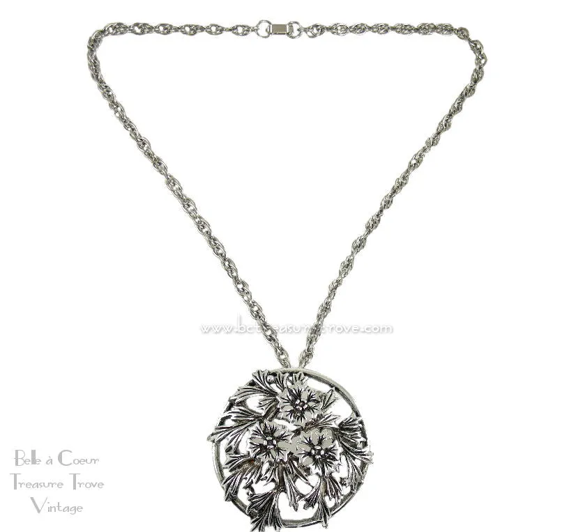 Judy Lee Silvertone Flowers and Leaves Convertible Pendant Necklace Brooch Pin