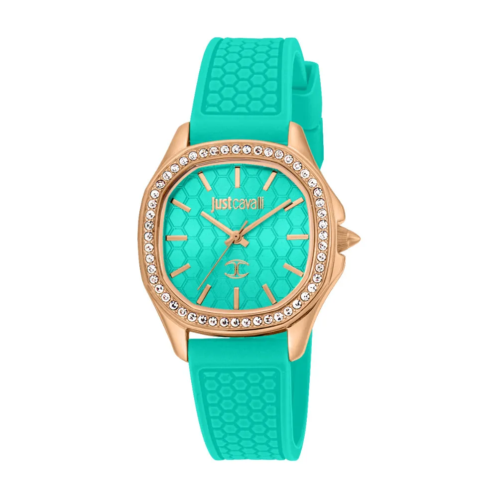 Just Cavalli Women's Rose Gold Watch with Turquoise Dial and Silicone Strap