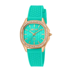 Just Cavalli Women's Rose Gold Watch with Turquoise Dial and Silicone Strap