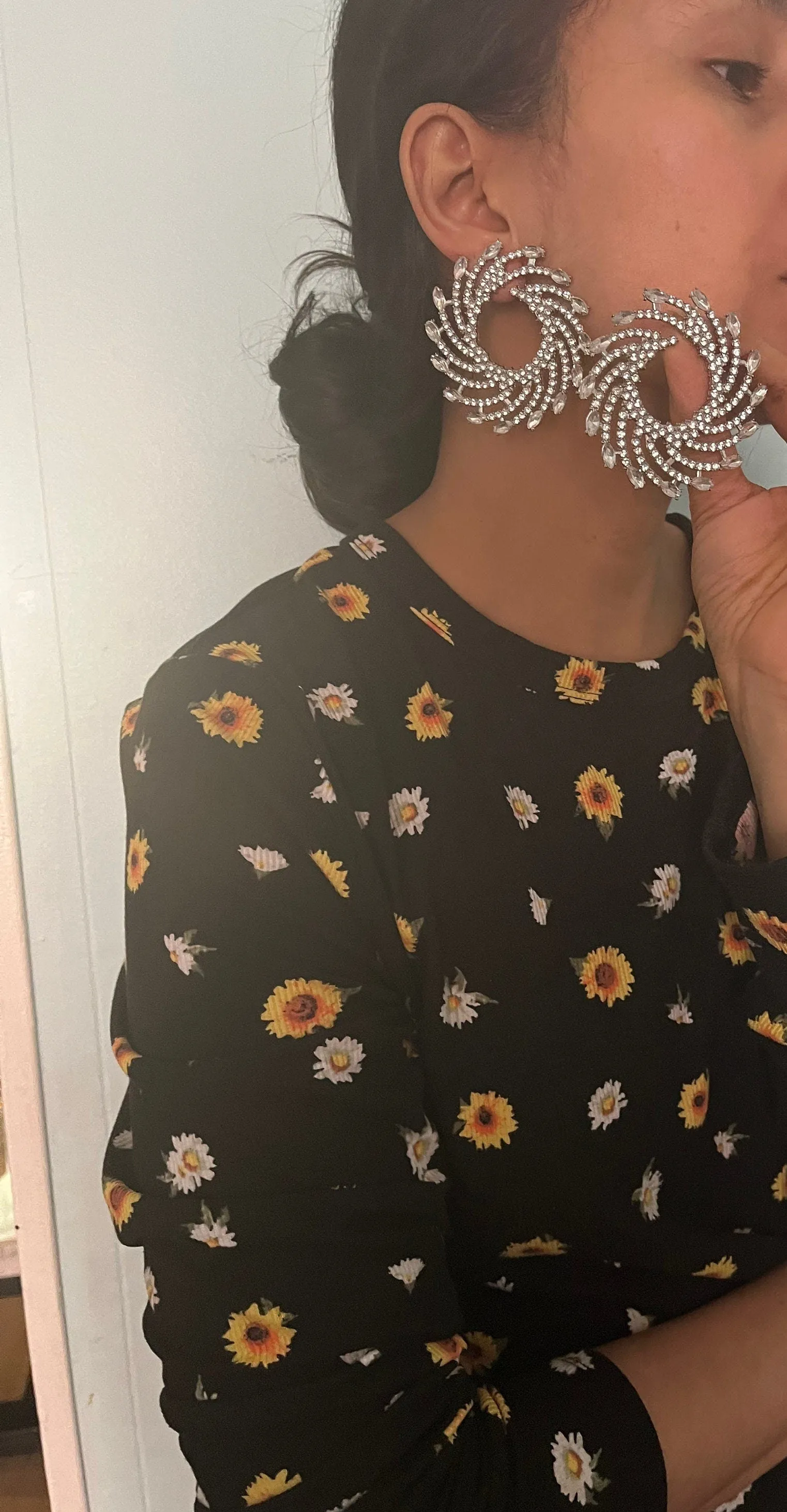 Large White earrings studs Sunburst crystal Rhinestone Round Crystal Pageant oversized Clear round  silver white studs Earrings big huge