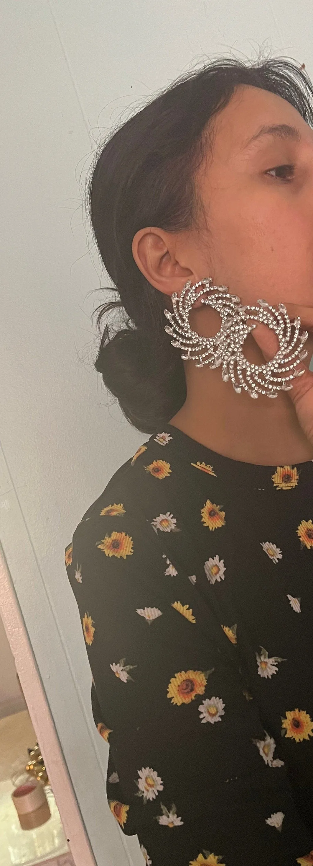 Large White earrings studs Sunburst crystal Rhinestone Round Crystal Pageant oversized Clear round  silver white studs Earrings big huge