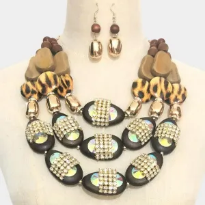 Leopard Pattern Rhinestone Wood Bib Statement Necklace Set