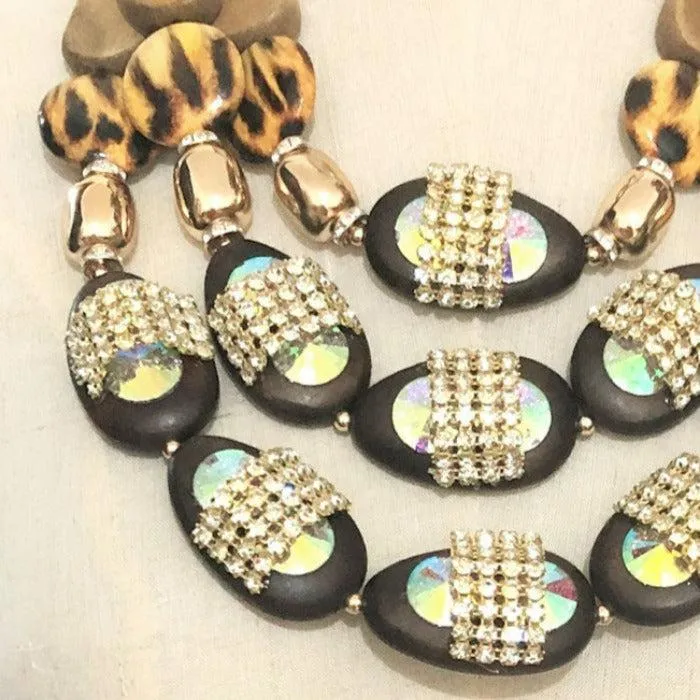 Leopard Pattern Rhinestone Wood Bib Statement Necklace Set