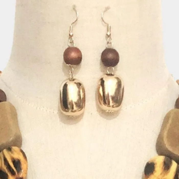 Leopard Pattern Rhinestone Wood Bib Statement Necklace Set