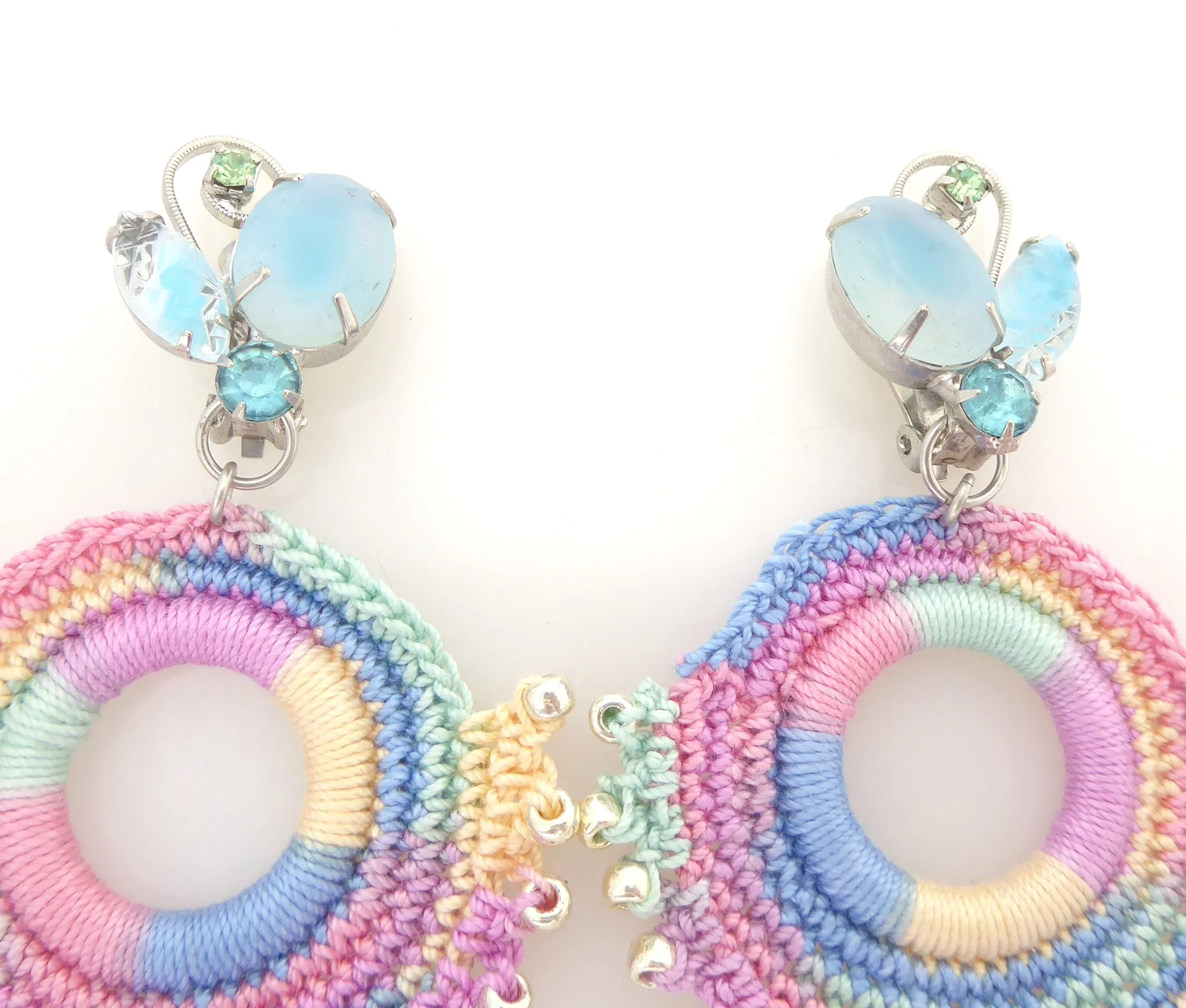 Light blue rhinestone and pastel crochet earrings