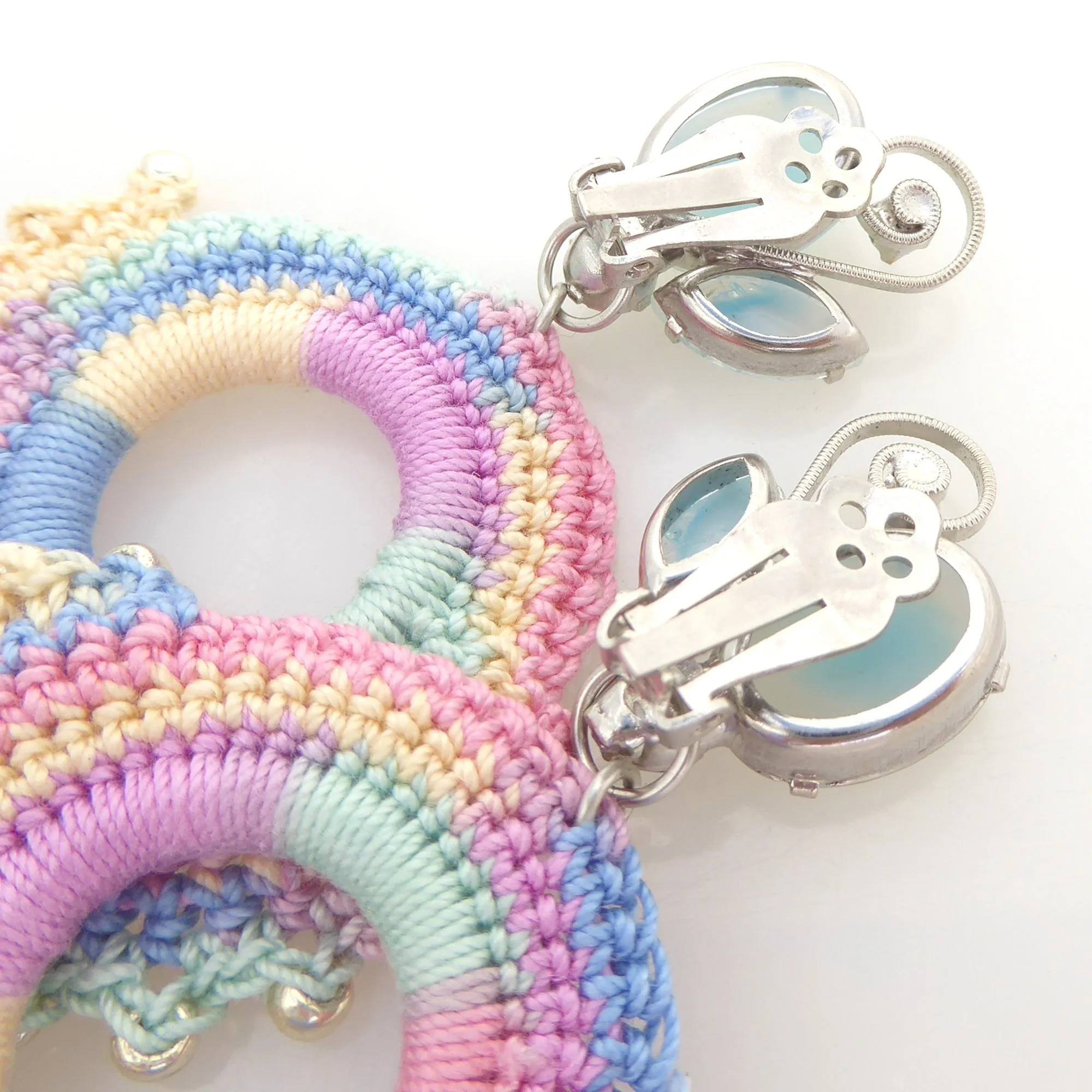 Light blue rhinestone and pastel crochet earrings