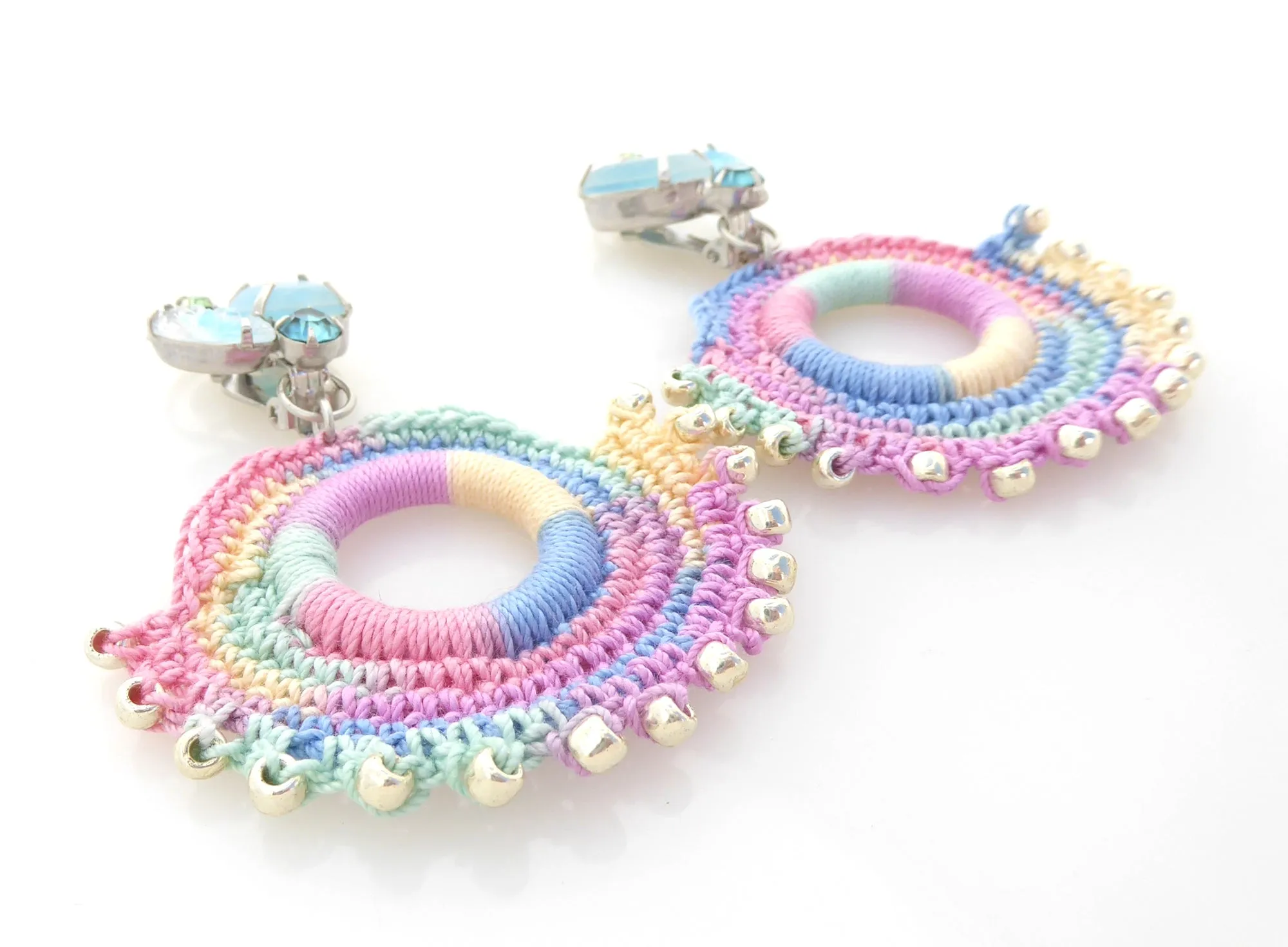 Light blue rhinestone and pastel crochet earrings