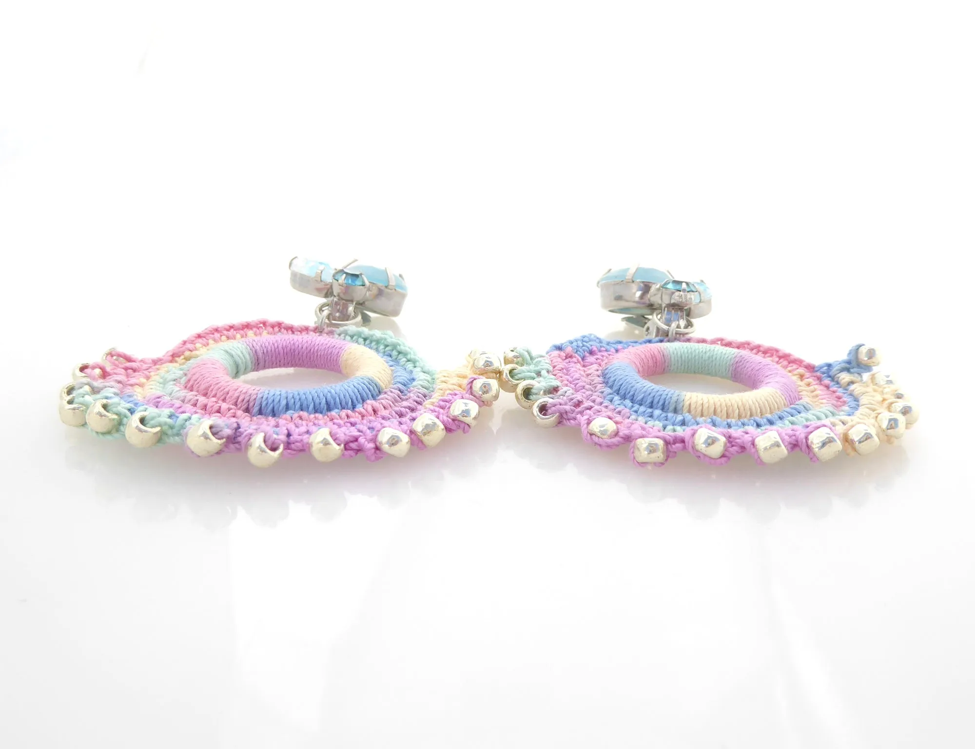 Light blue rhinestone and pastel crochet earrings