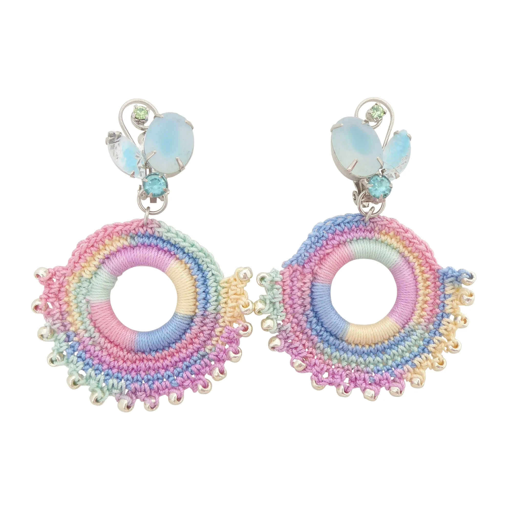 Light blue rhinestone and pastel crochet earrings