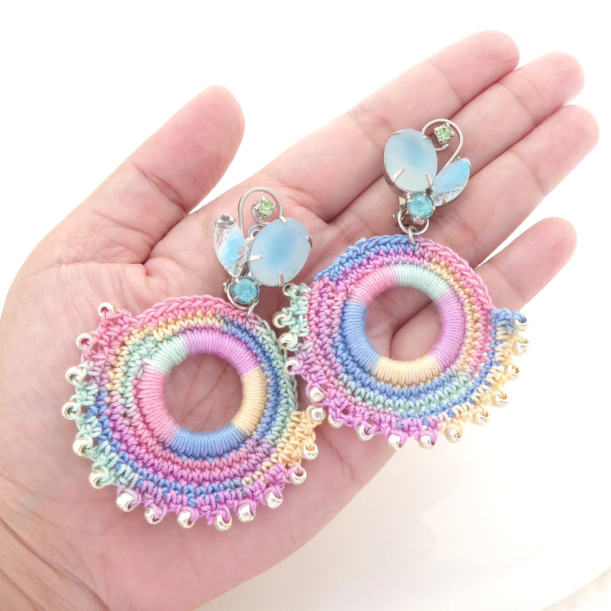 Light blue rhinestone and pastel crochet earrings