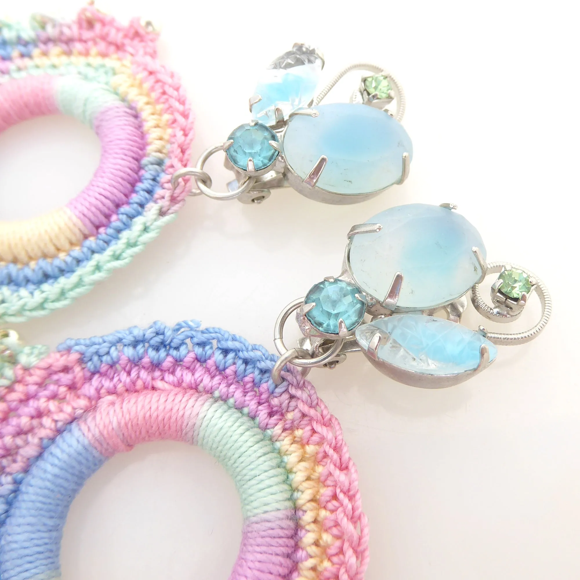 Light blue rhinestone and pastel crochet earrings