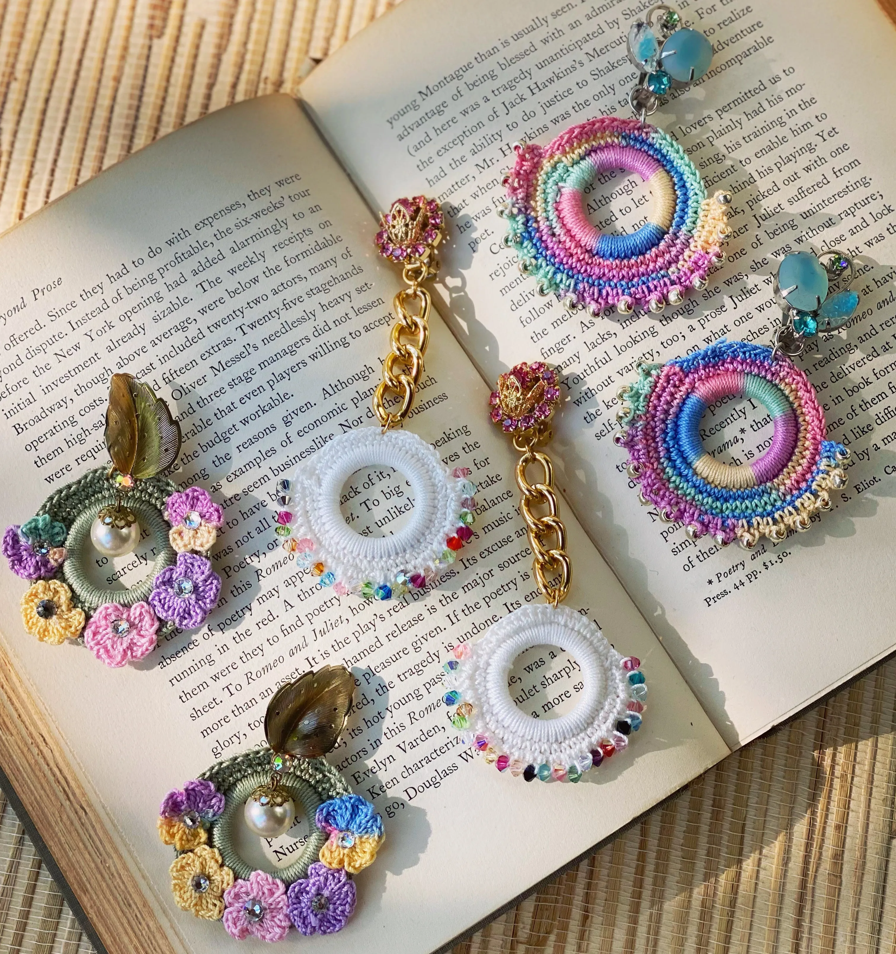 Light blue rhinestone and pastel crochet earrings