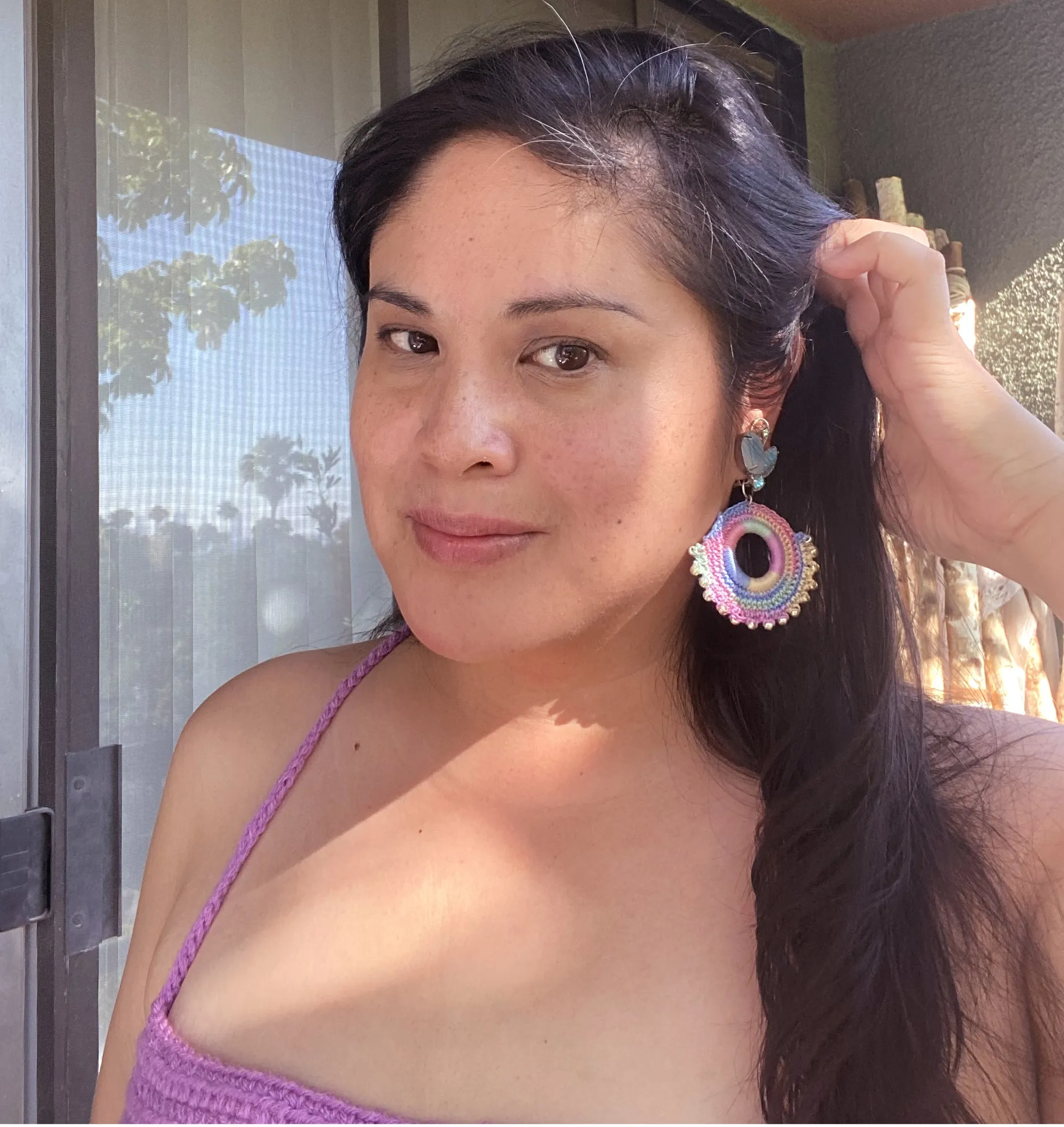 Light blue rhinestone and pastel crochet earrings