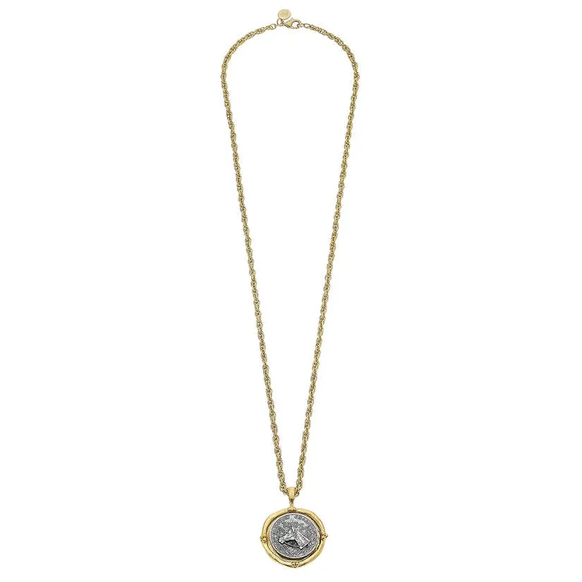 Long Coin Pendant Necklace, Horse Head