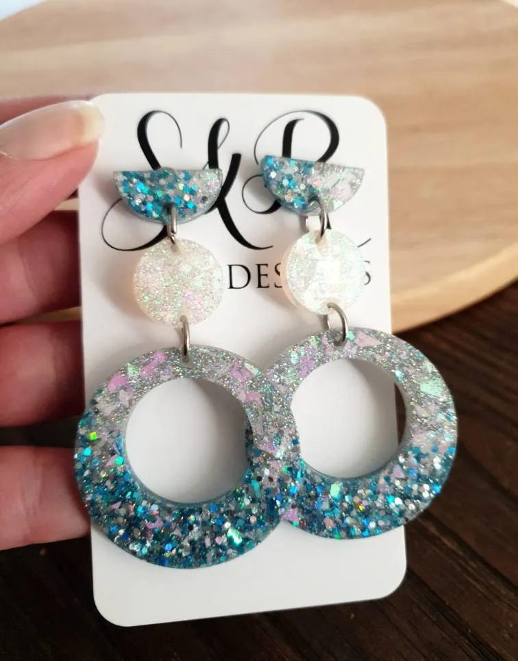 Long Dangle Resin Circle Earrings, Blue and Silver Mix Earrings, Stainless Steel Earrings, Statement Earrings