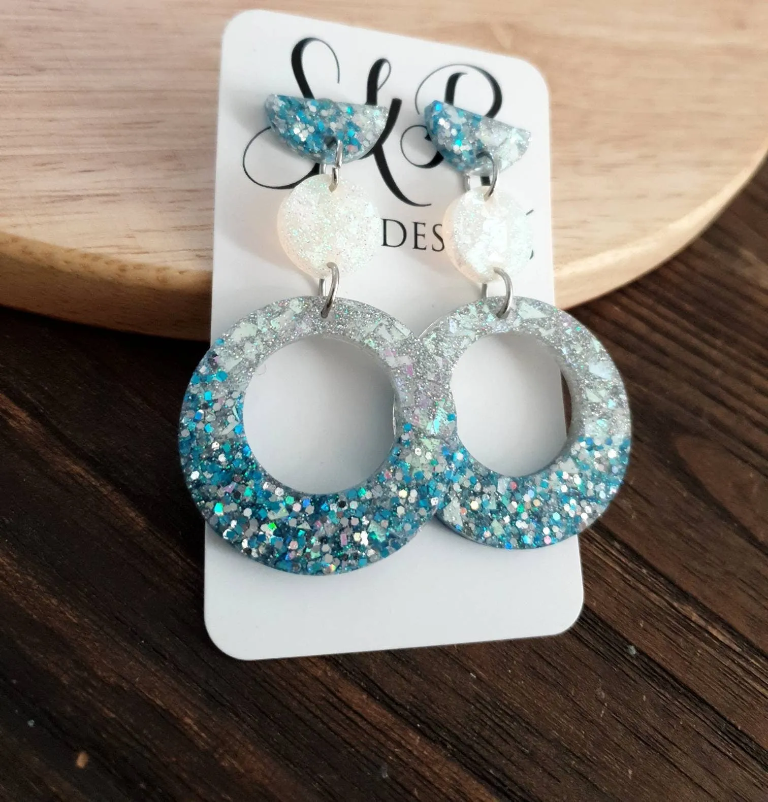 Long Dangle Resin Circle Earrings, Blue and Silver Mix Earrings, Stainless Steel Earrings, Statement Earrings