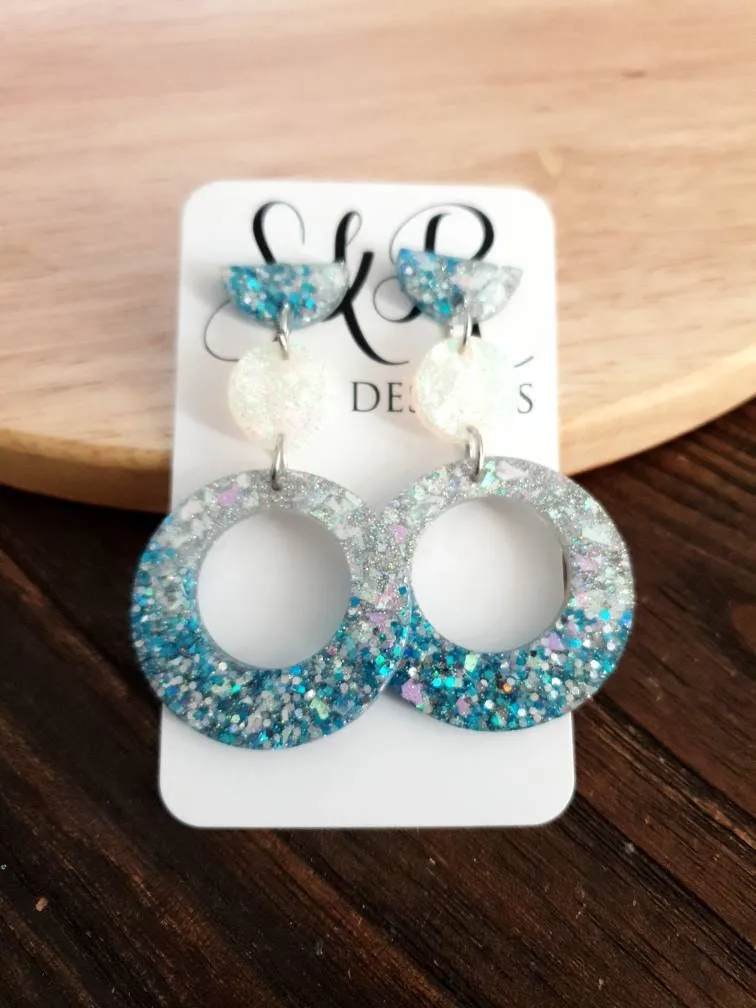 Long Dangle Resin Circle Earrings, Blue and Silver Mix Earrings, Stainless Steel Earrings, Statement Earrings