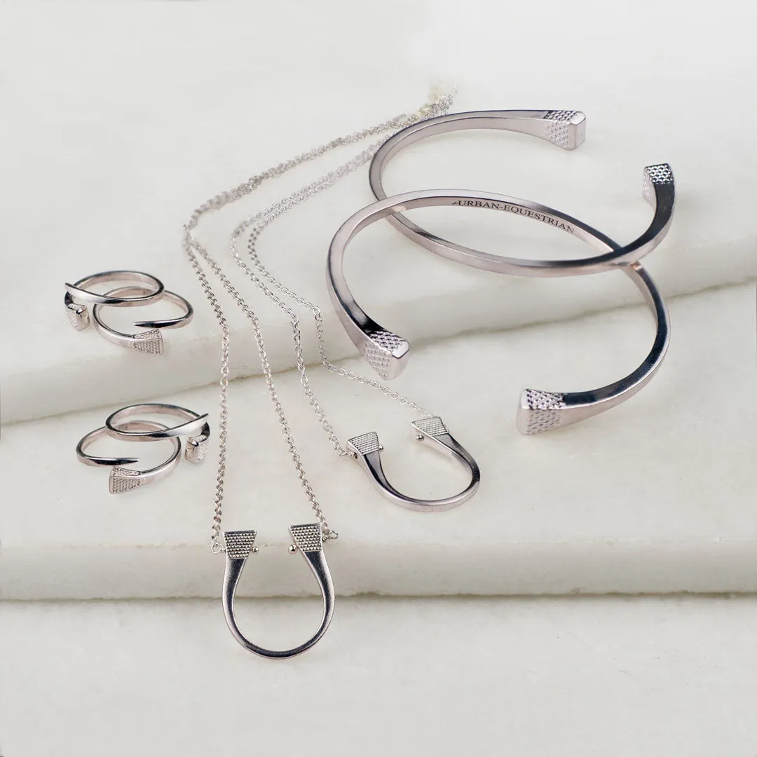 Lucky Nail - Blacksmith Texture and Sterling Silver on Solid White Brass Horseshoe Cuff Bracelet
