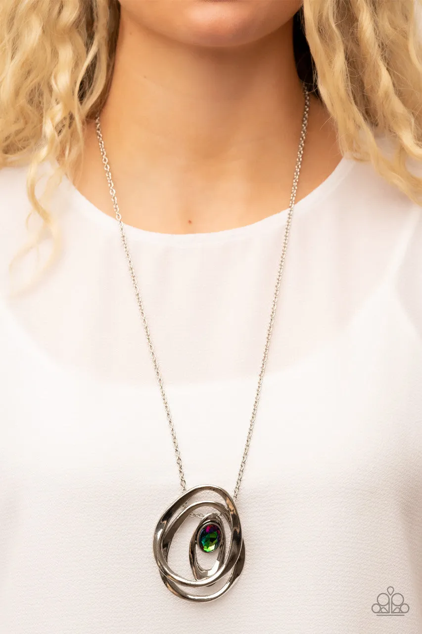 Luminous Labyrinth - Multi - Oil Spill Gem Silver Oval Asymmetric Pendant Paparazzi Long Necklace