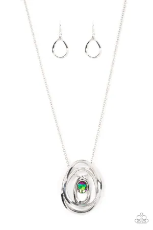 Luminous Labyrinth - Multi - Oil Spill Gem Silver Oval Asymmetric Pendant Paparazzi Long Necklace