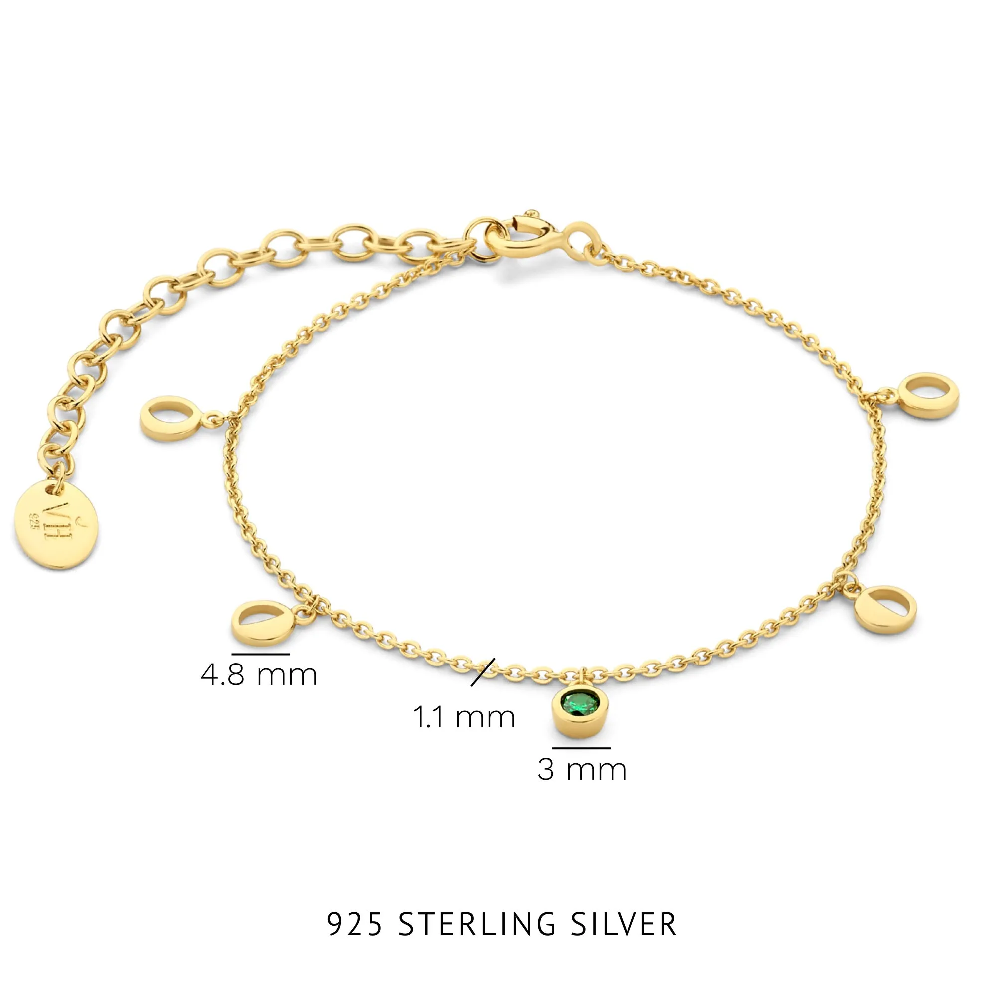 Luna 925 sterling silver gold plated bracelet with green zirconia stone