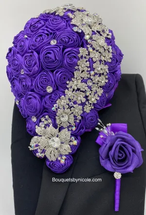 MACY~ Purple Satin Roses Cascade Waterfall Brooch Bouquet l Corsage l Boutonniere