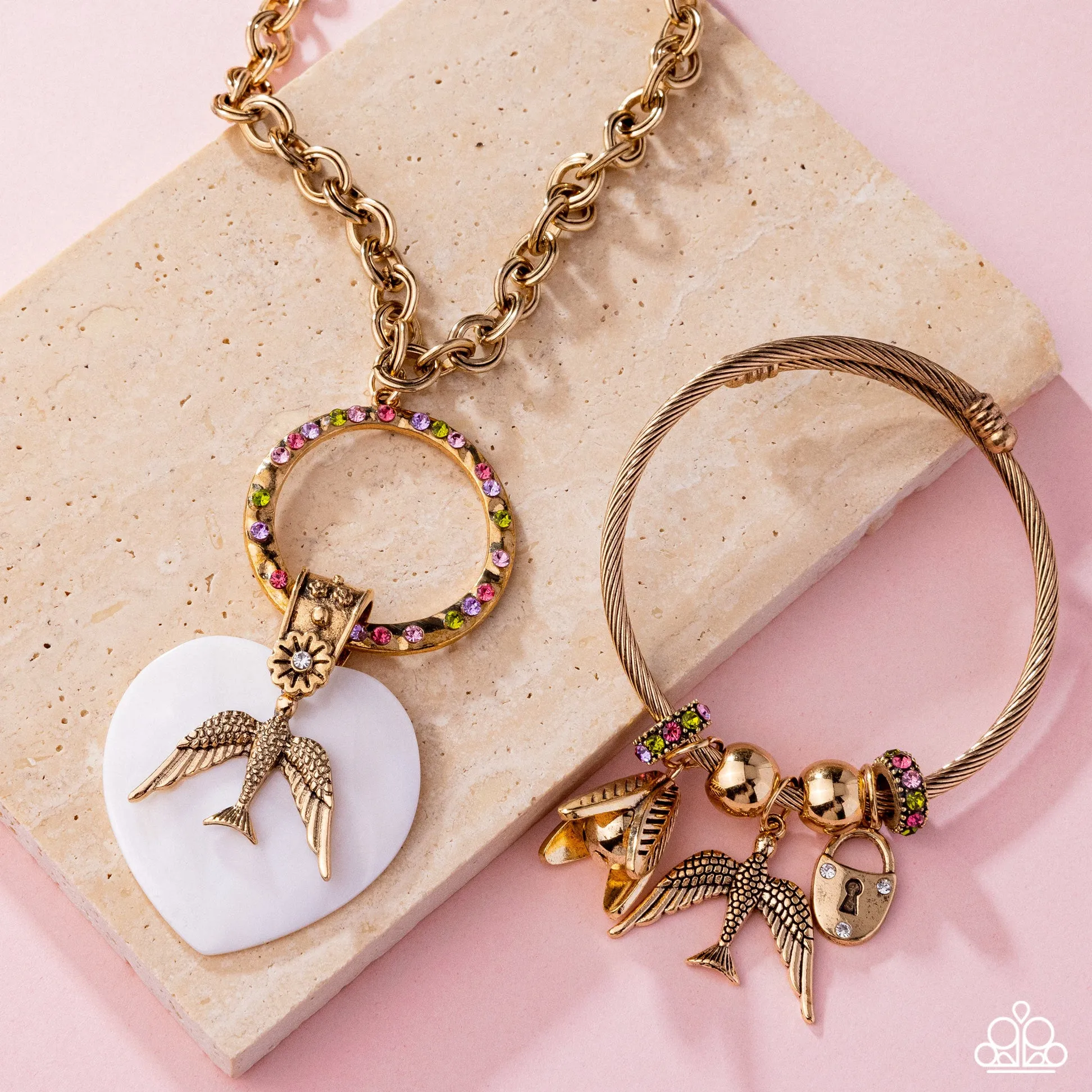 Malibu Meeting - Multi - Colorful Rhinestone Gold Bird Charm Paparazzi Coil Bracelet - March 2025 Life of the Party Exclusive