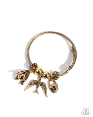 Malibu Meeting - Multi - Colorful Rhinestone Gold Bird Charm Paparazzi Coil Bracelet - March 2025 Life of the Party Exclusive
