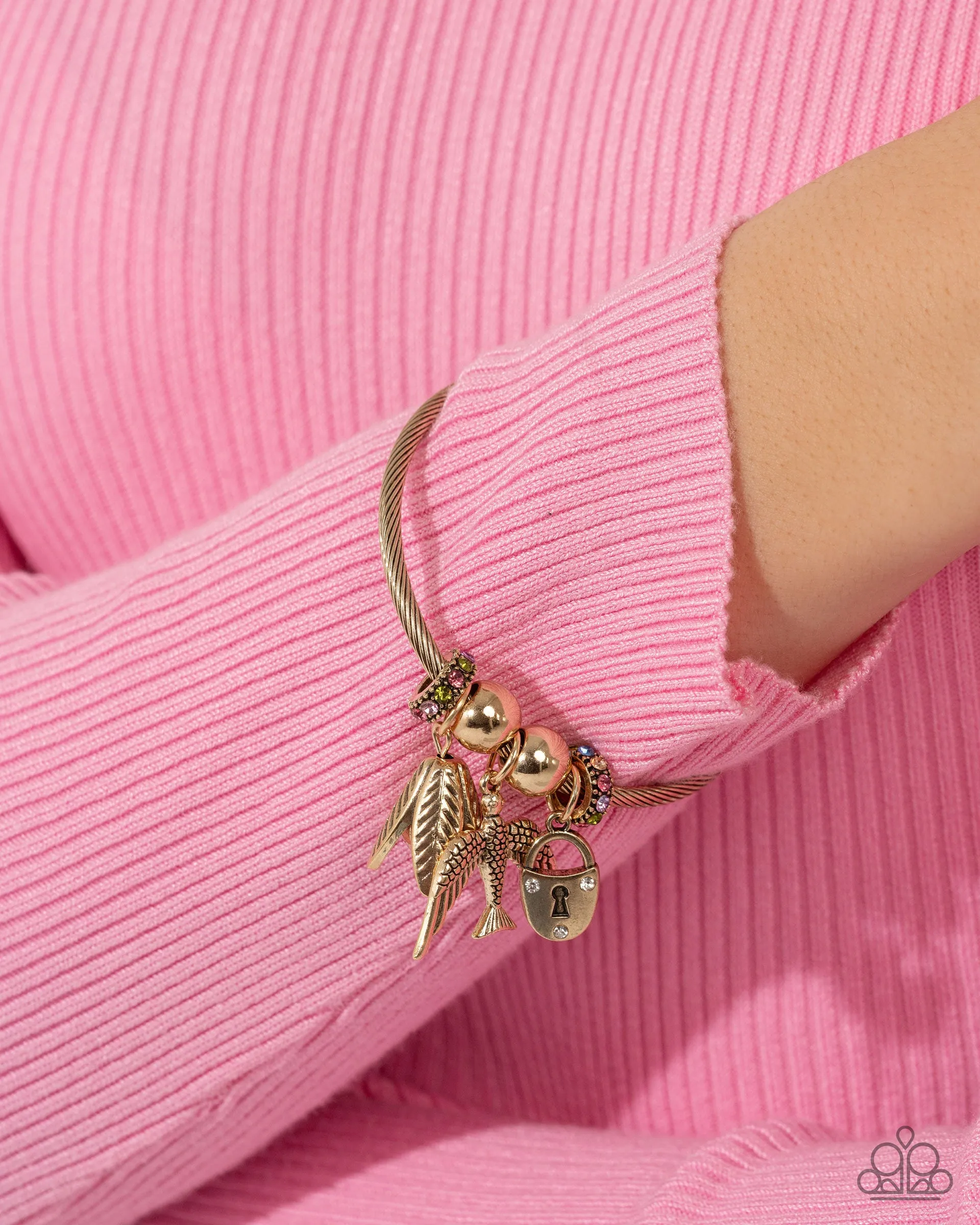 Malibu Meeting - Multi - Colorful Rhinestone Gold Bird Charm Paparazzi Coil Bracelet - March 2025 Life of the Party Exclusive