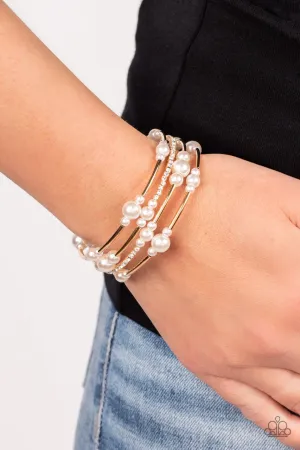 Marina Masterpiece - Gold - White Pearl, Bead, and Rhinestone Paparazzi Coil Bracelet