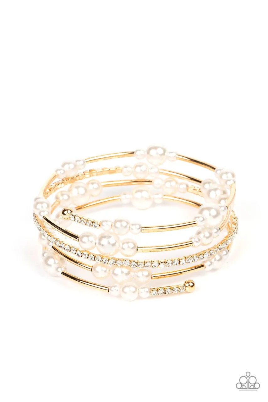 Marina Masterpiece - Gold - White Pearl, Bead, and Rhinestone Paparazzi Coil Bracelet