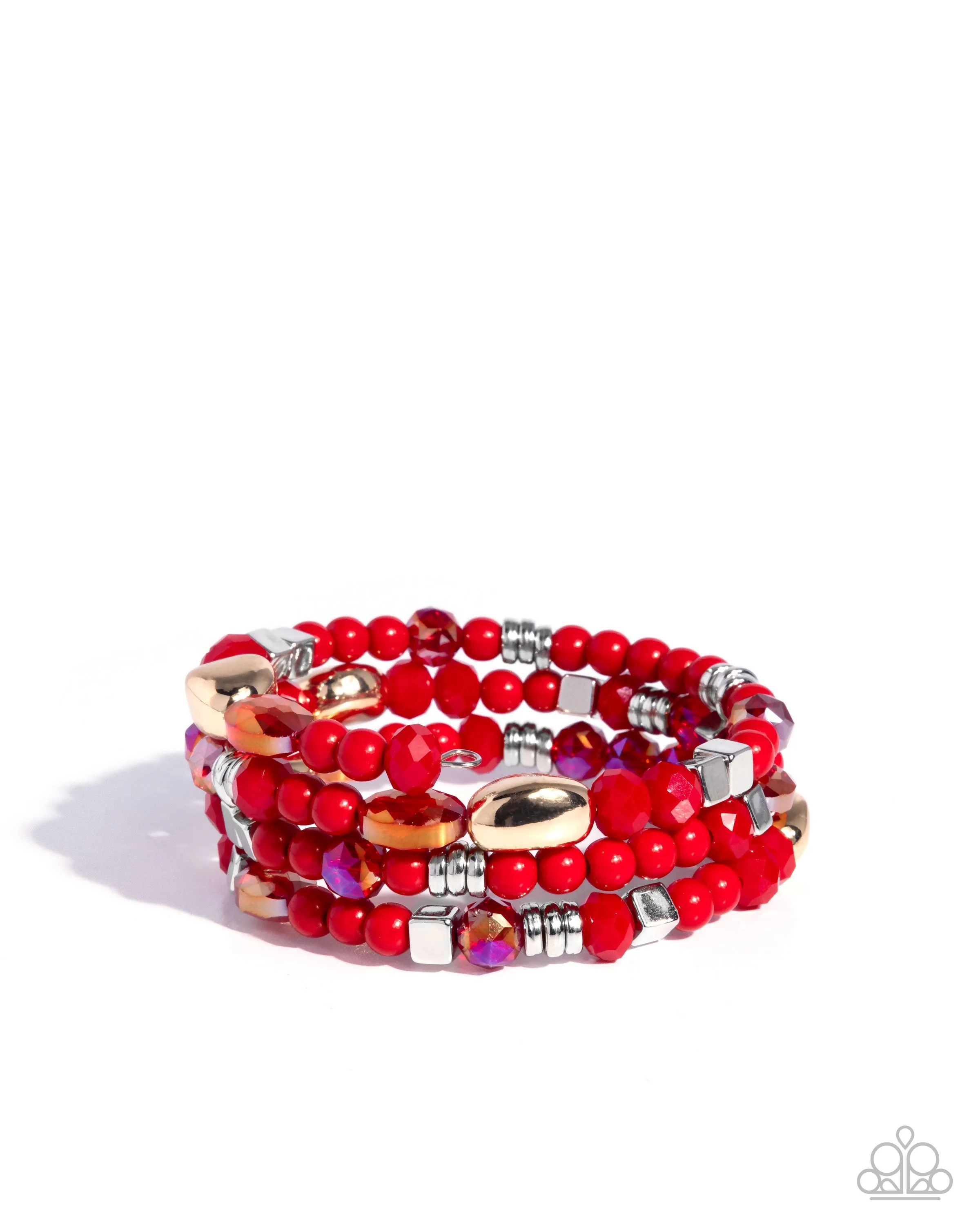 Material WHIRL - Red - Silver, and Gold Bead Paparazzi Coil Bracelet