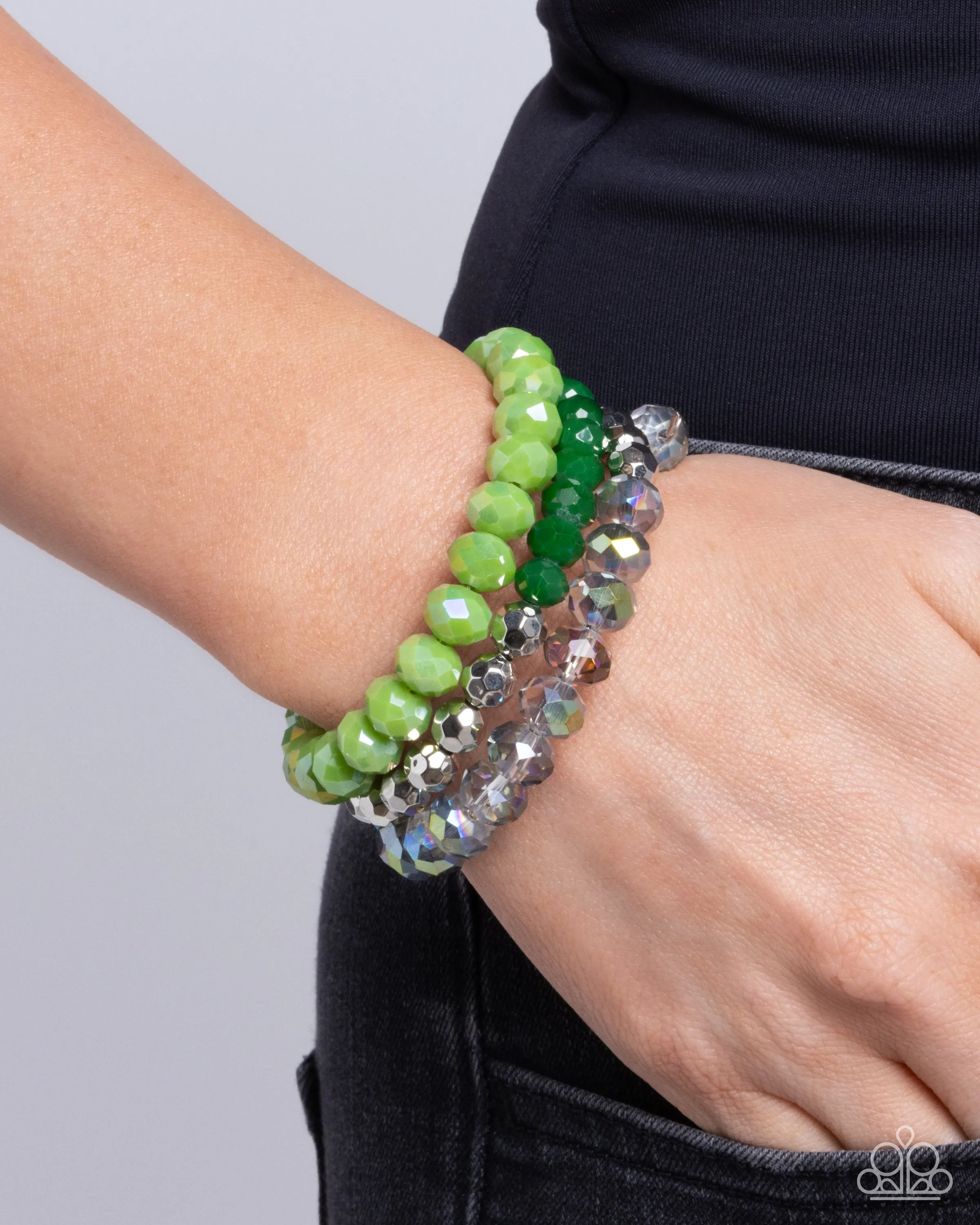 Memorable Makeover - Green - and Iridescent Faceted Bead Paparazzi Coil Bracelet
