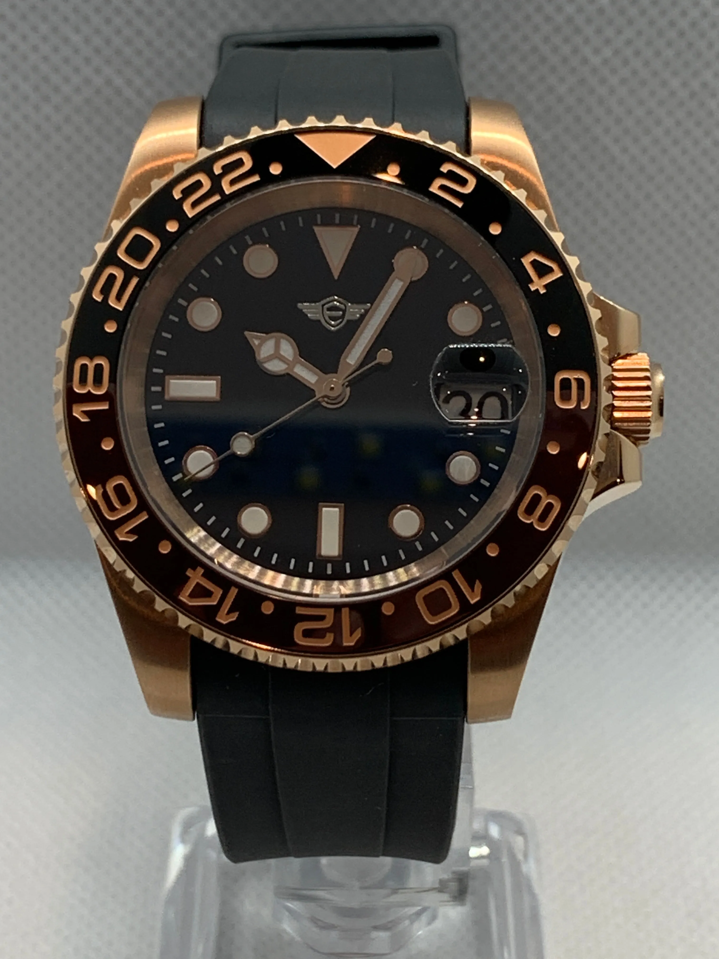 Men's 40MM Watch, Rose Gold Case, Ceramic GMT Rootbeer Bezel Insert, Sapphire Crystal, Rubber Strap w/ Rose Gold Buckle